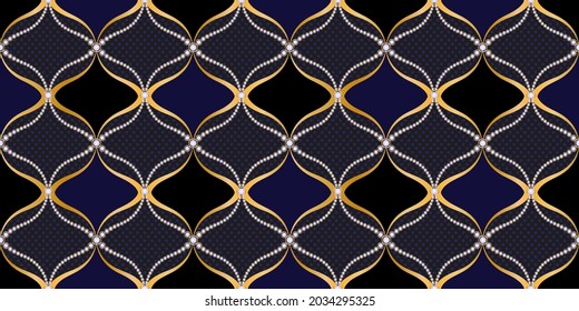 Seamless pattern decorated with precious stones, gold chains and pearls.