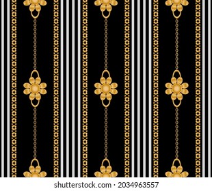 Seamless pattern decorated with precious stones, gold chains and pearls.