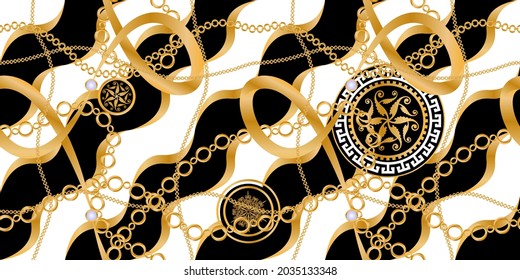 Seamless pattern decorated with precious stones, gold chains and pearls.