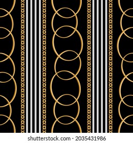 Seamless pattern decorated with precious stones, gold chains and pearls.