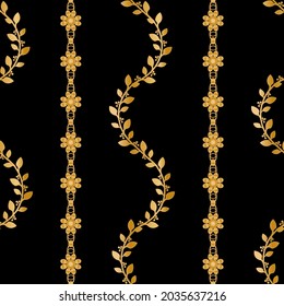 Seamless pattern decorated with precious stones, gold chains and pearls.
