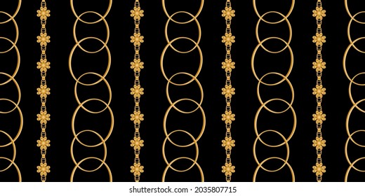 Seamless pattern decorated with precious stones, gold chains and pearls.