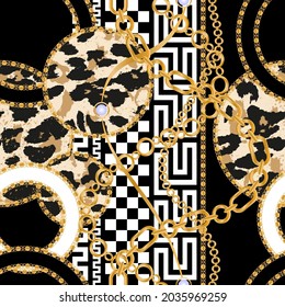 Seamless pattern decorated with precious stones, gold chains and pearls.