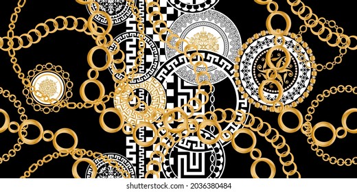 Seamless pattern decorated with precious stones, gold chains and pearls.