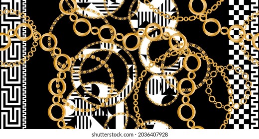 Seamless pattern decorated with precious stones, gold chains and pearls.