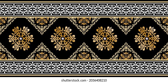 Seamless pattern decorated with precious stones, gold chains and pearls.