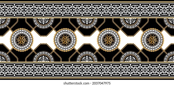 Seamless pattern decorated with precious stones, gold chains and pearls.