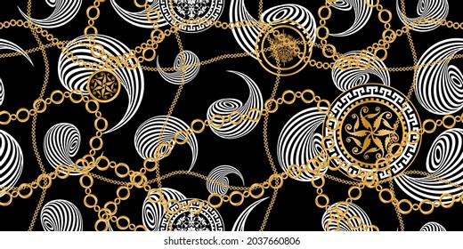 Seamless pattern decorated with precious stones, gold chains and pearls.