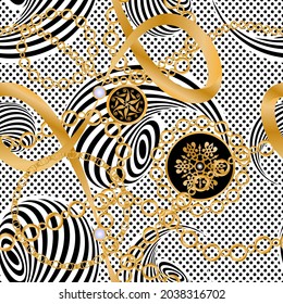 Seamless pattern decorated with precious stones, gold chains and pearls.