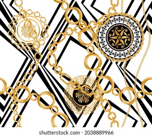 Seamless pattern decorated with precious stones, gold chains and pearls.