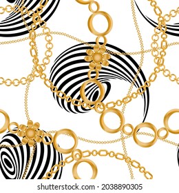 Seamless pattern decorated with precious stones, gold chains and pearls.