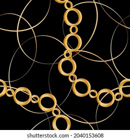 Seamless pattern decorated with precious stones, gold chains and pearls.