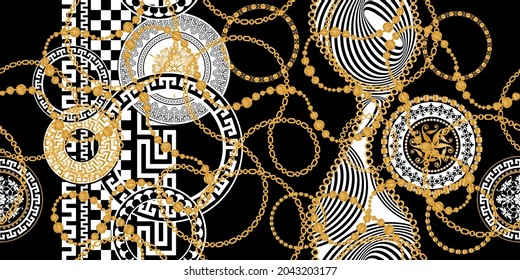Seamless pattern decorated with precious stones, gold chains and pearls.