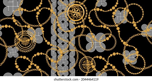 Seamless pattern decorated with precious stones, gold chains and pearls.