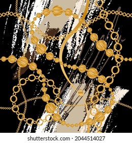Seamless pattern decorated with precious stones, gold chains and pearls.
