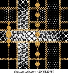 Seamless pattern decorated with precious stones, gold chains and pearls.