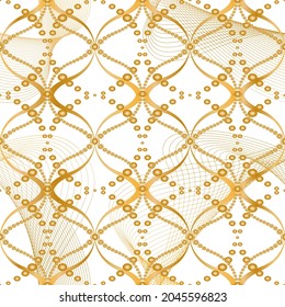 Seamless pattern decorated with precious stones, gold chains and pearls.