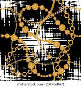 Seamless pattern decorated with precious stones, gold chains and pearls.