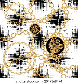Seamless pattern decorated with precious stones, gold chains and pearls.