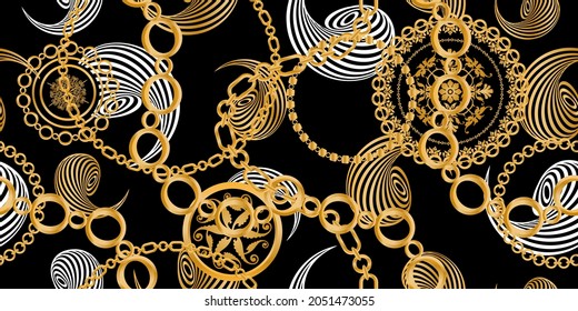 Seamless pattern decorated with precious stones, gold chains and pearls.
