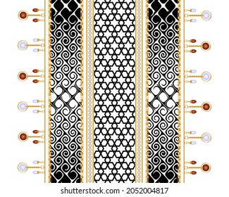 Seamless pattern decorated with precious stones, gold chains and pearls.