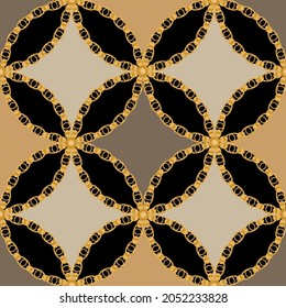 Seamless pattern decorated with precious stones, gold chains and pearls.