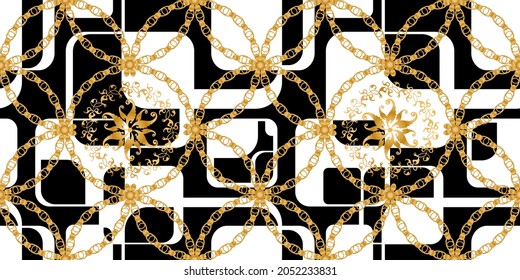Seamless pattern decorated with precious stones, gold chains and pearls.
