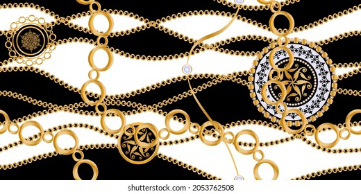 Seamless pattern decorated with precious stones, gold chains and pearls.