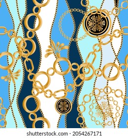 Seamless pattern decorated with precious stones, gold chains and pearls.