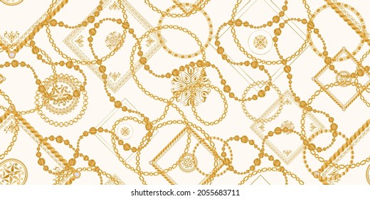 Seamless pattern decorated with precious stones, gold chains and pearls.