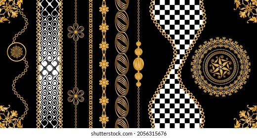 Seamless pattern decorated with precious stones, gold chains and pearls.