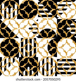 Seamless pattern decorated with precious stones, gold chains and pearls.