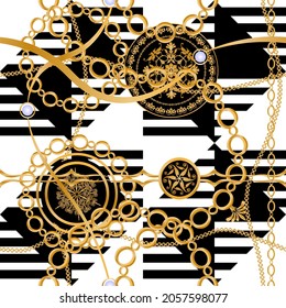 Seamless pattern decorated with precious stones, gold chains and pearls.