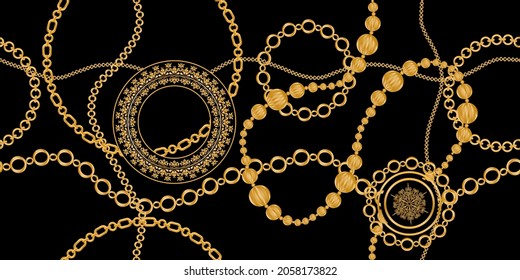 Seamless pattern decorated with precious stones, gold chains and pearls.