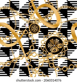 Decoración sin inconfundibles decorada con piedras preciosas, cadenas de oro y perlas.