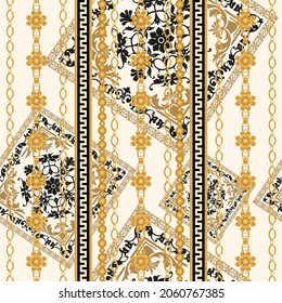 Seamless pattern decorated with precious stones, gold chains and pearls.