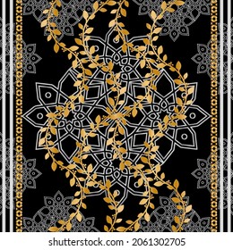 Seamless pattern decorated with precious stones, gold chains and pearls.