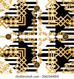 Seamless pattern decorated with precious stones, gold chains and pearls.