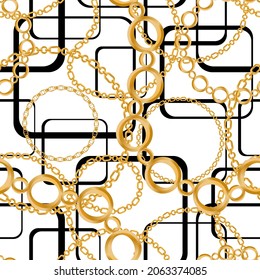 Seamless pattern decorated with precious stones, gold chains and pearls.