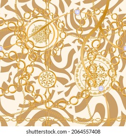 Seamless pattern decorated with precious stones, gold chains and pearls.
