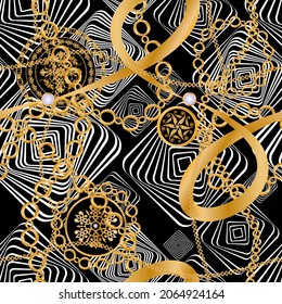 Seamless pattern decorated with precious stones, gold chains and pearls.