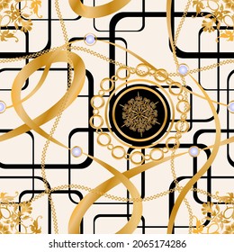 Seamless pattern decorated with precious stones, gold chains and pearls.