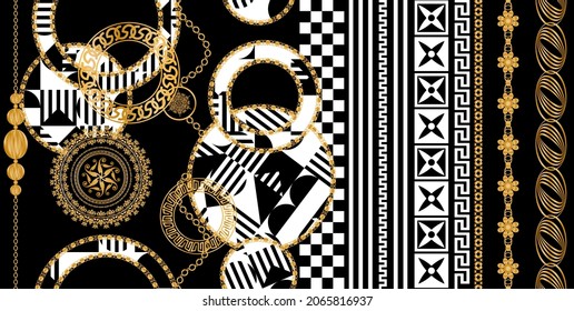 Seamless pattern decorated with precious stones, gold chains and pearls.