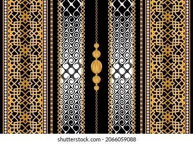 Seamless pattern decorated with precious stones, gold chains and pearls.