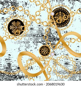 Seamless pattern decorated with precious stones, gold chains and pearls.