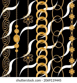 Seamless pattern decorated with precious stones, gold chains and pearls.