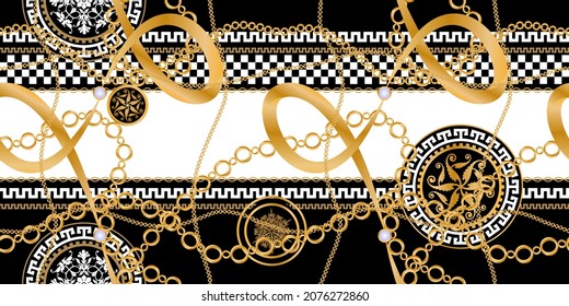 Seamless pattern decorated with precious stones, gold chains and pearls.