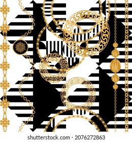 Seamless pattern decorated with precious stones, gold chains and pearls.