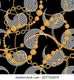 Seamless pattern decorated with precious stones, gold chains and pearls.