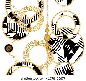 Seamless pattern decorated with precious stones, gold chains and pearls.